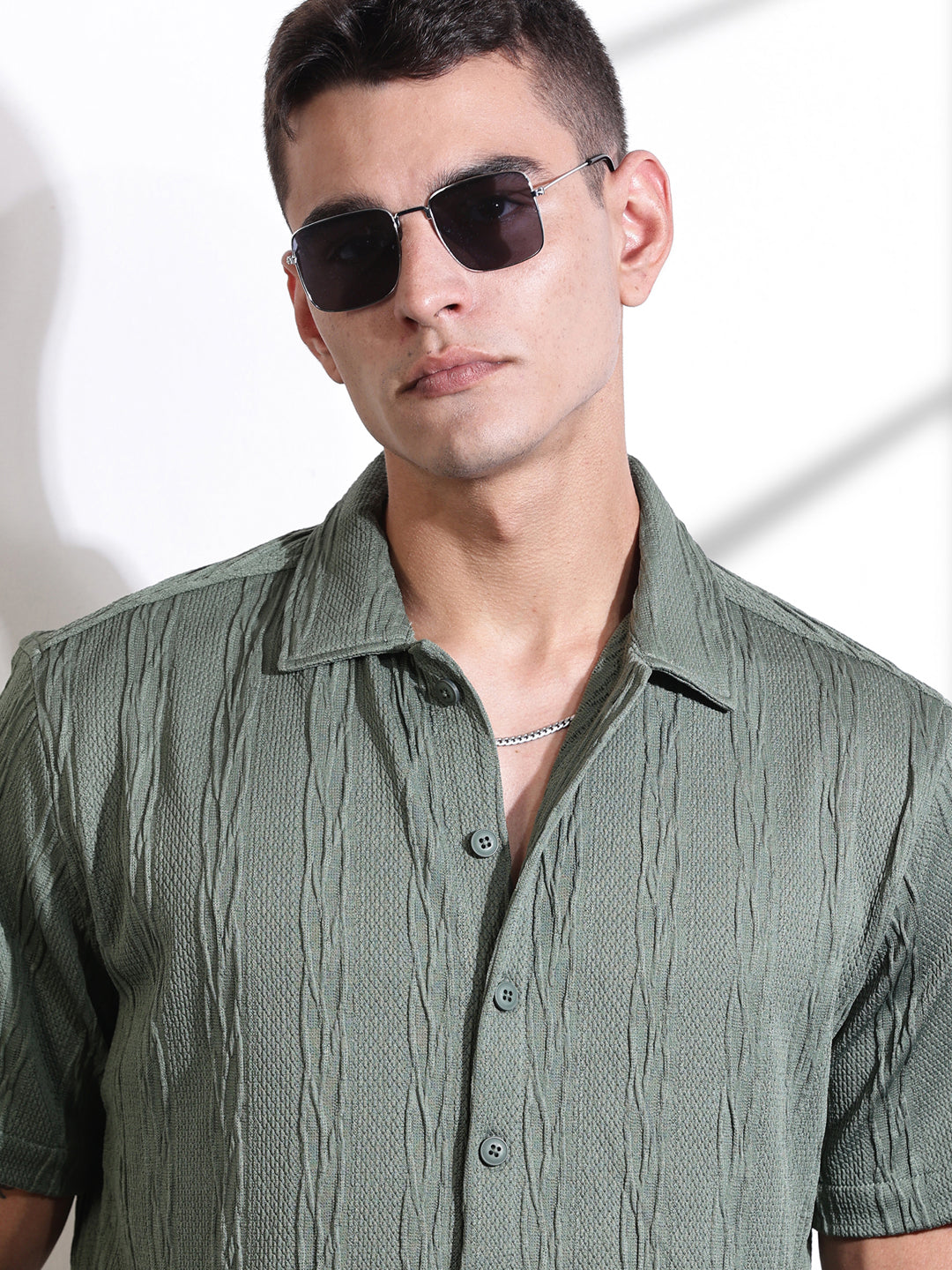 Thomas Scott Men Green Oversized Textured Knitted Casual Shirt
