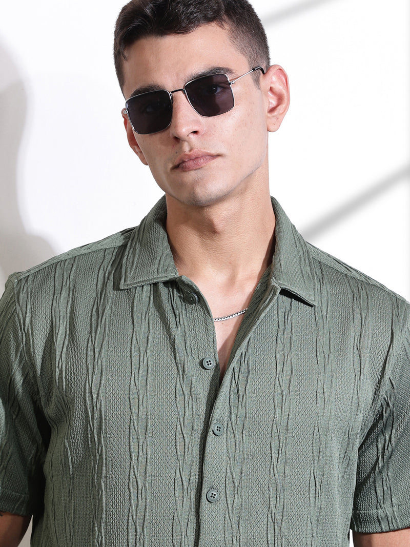 Thomas Scott Men Green Oversized Textured Knitted Casual Shirt