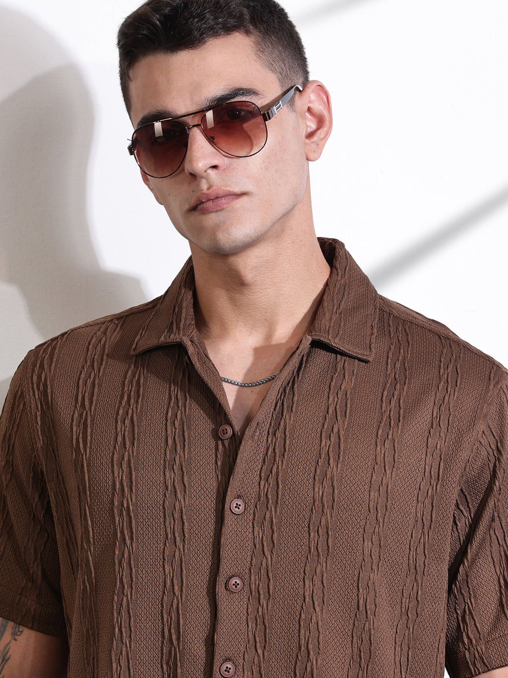 Thomas Scott Men Brown Oversized Textured Knitted Casual Shirt