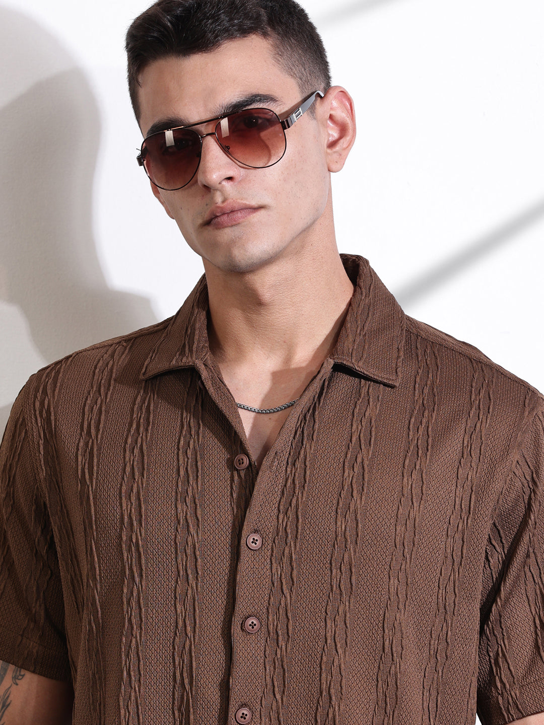 Thomas Scott Men Brown Oversized Textured Knitted Casual Shirt