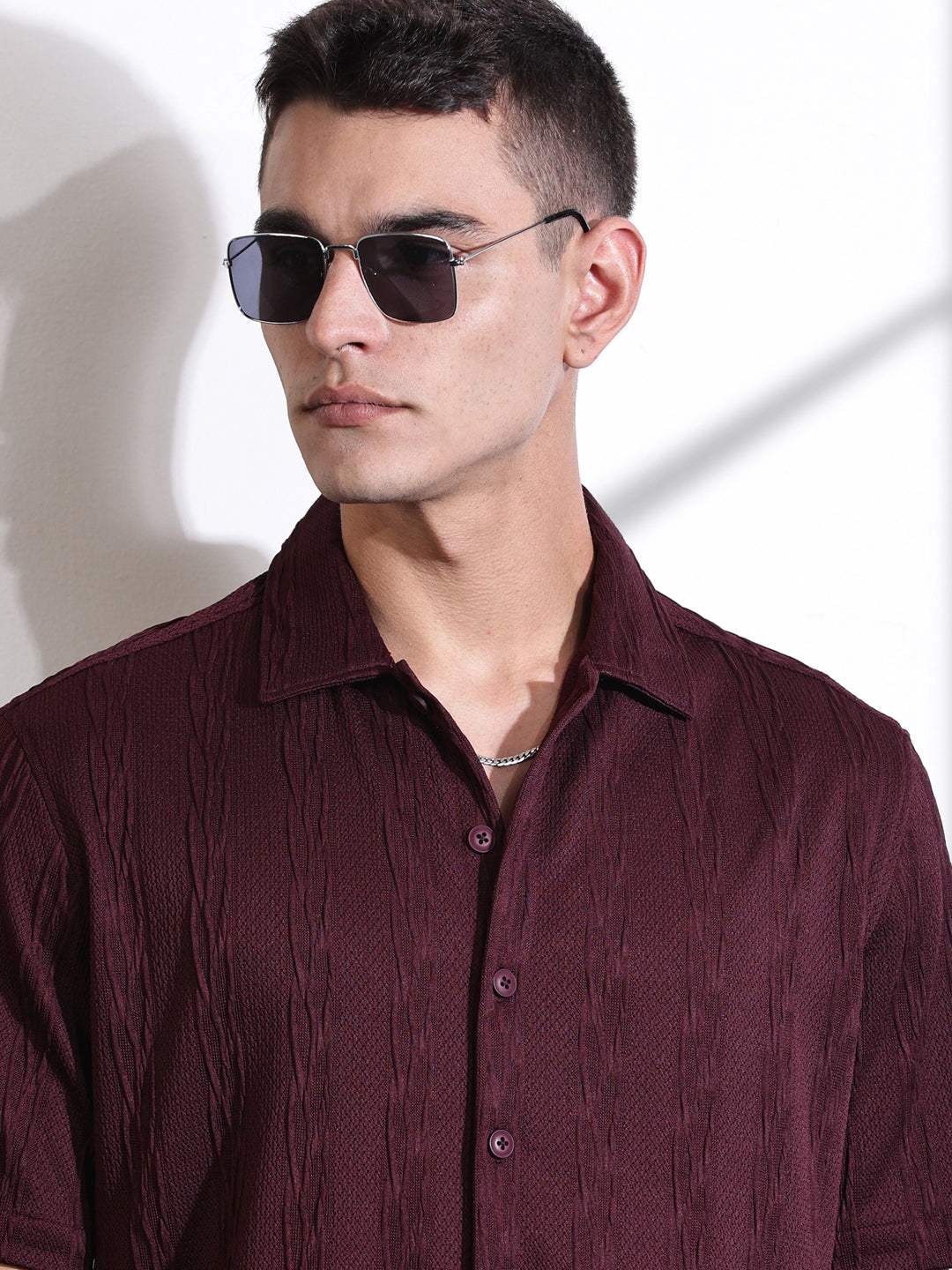 Thomas Scott Men Maroon Oversized Textured Knitted Casual Shirt