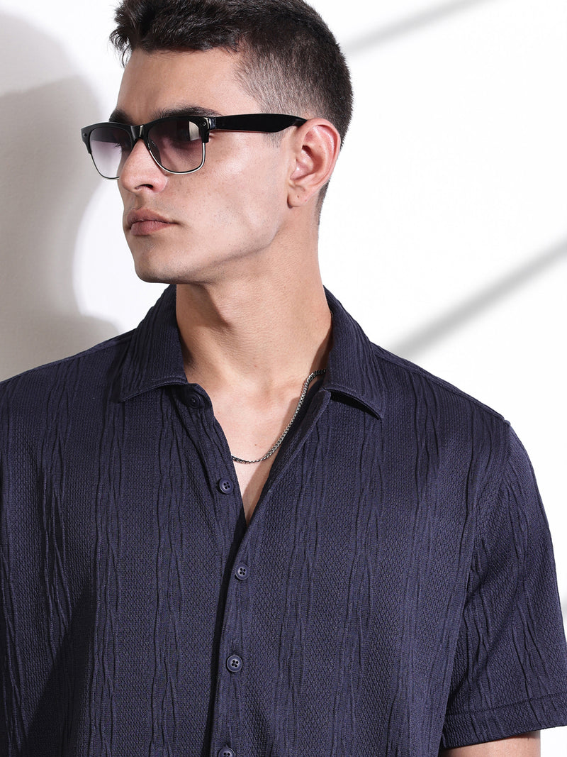 Thomas Scott Men Navy Oversized Textured Knitted Casual Shirt