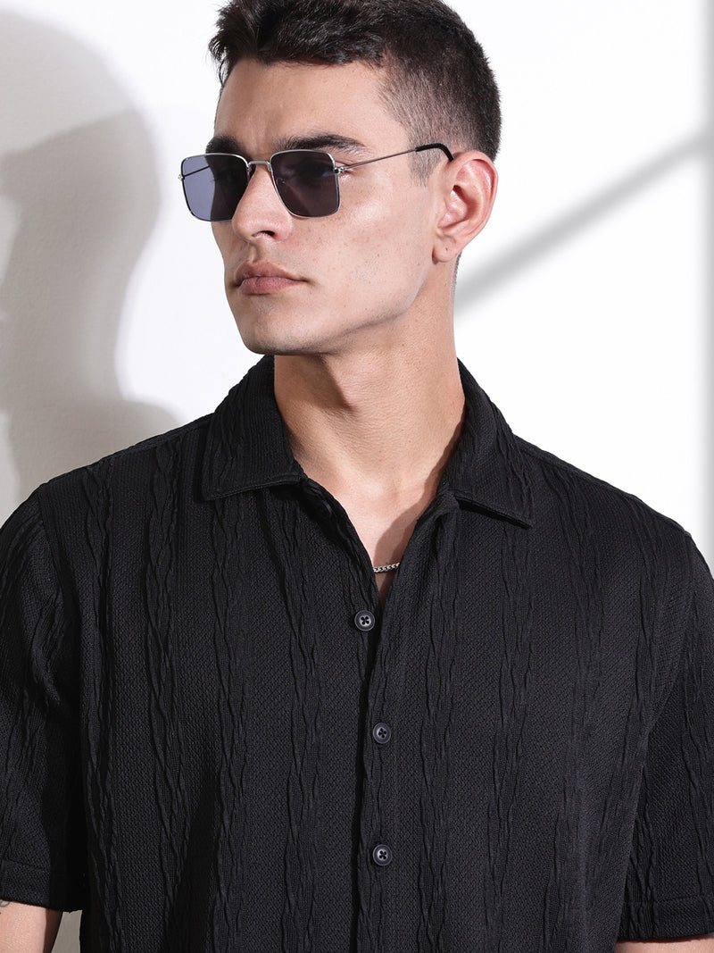 Thomas Scott Men Black Oversized Textured Knitted Casual Shirt