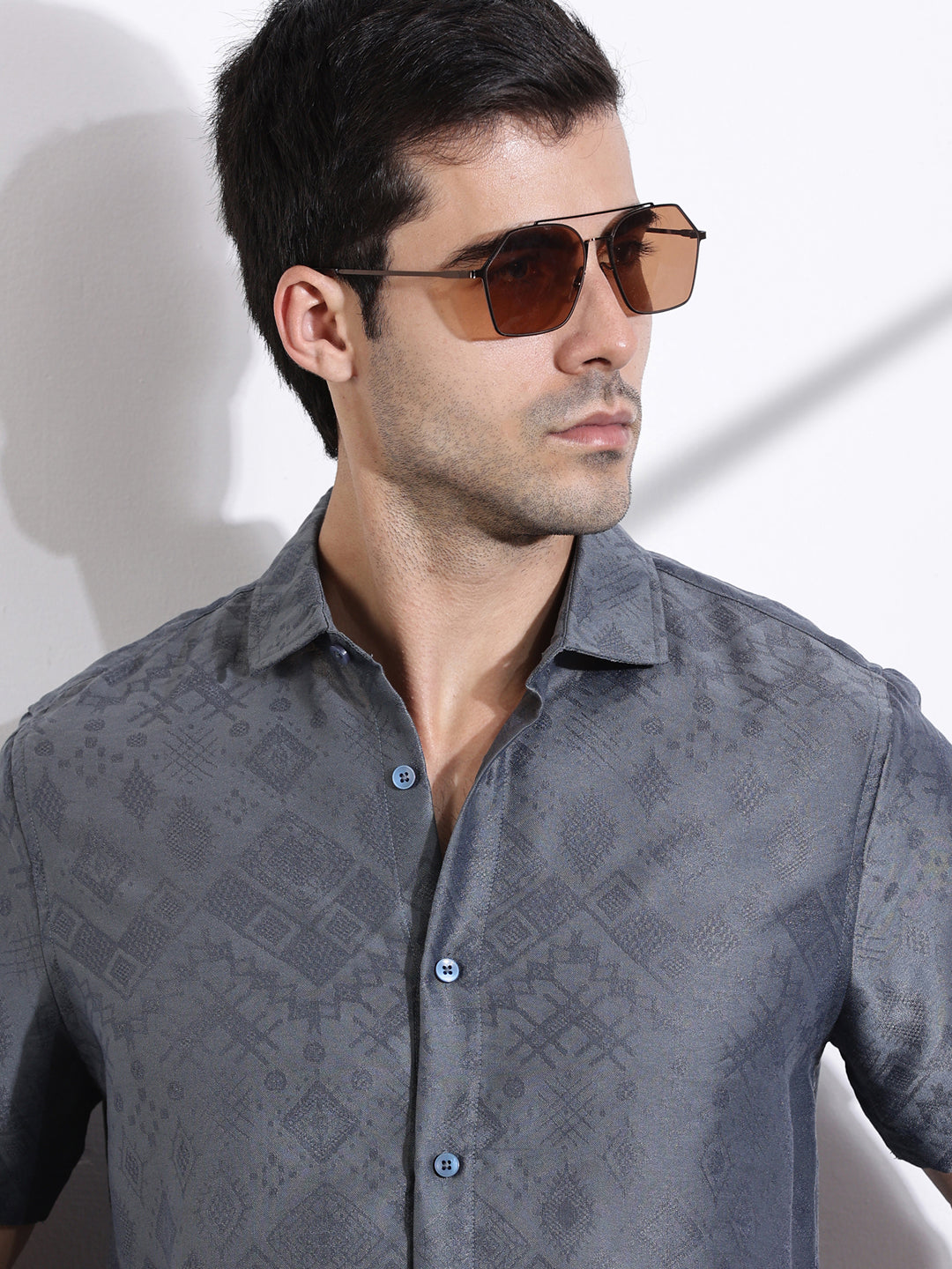 Thomas Scott Men Grey Slim Fit Geometric Print Casual Shirt