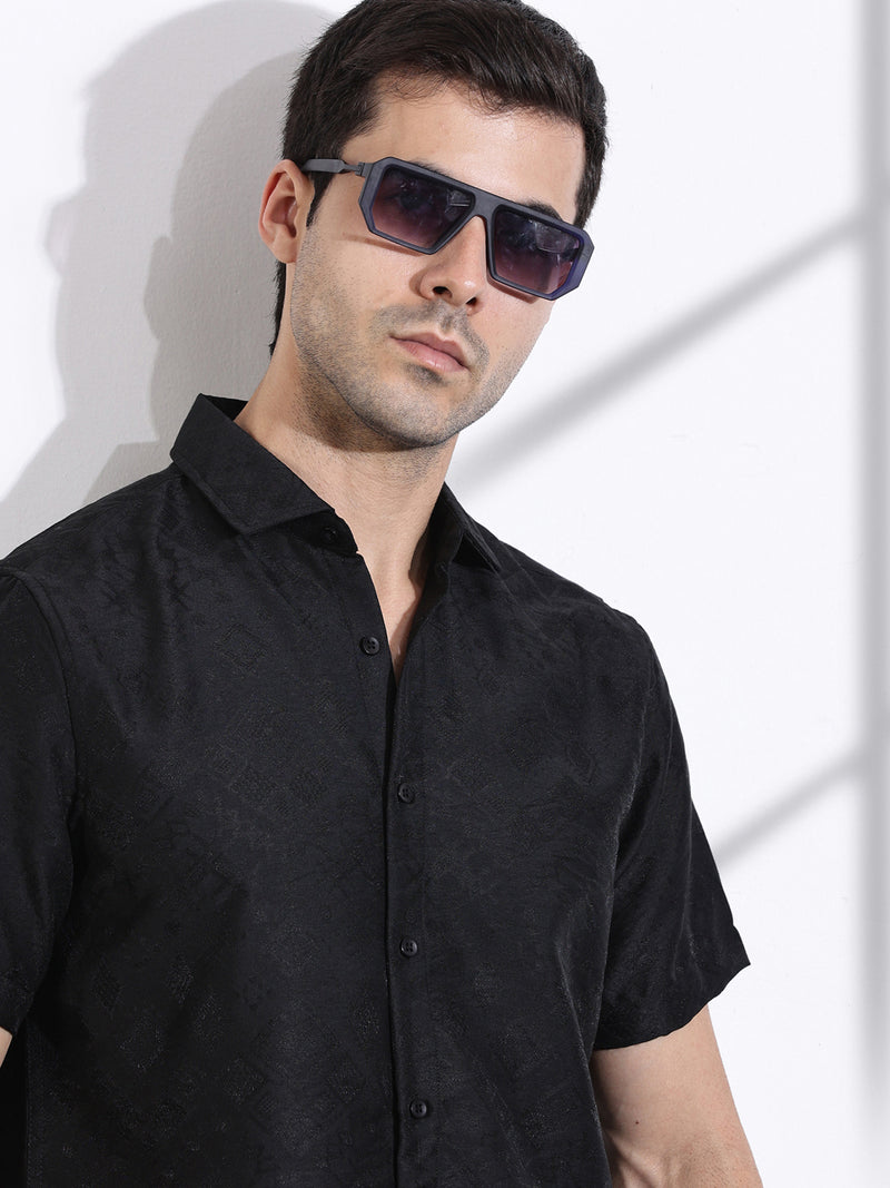 Thomas Scott Men Black Slim Fit Geometric Print Casual Shirt