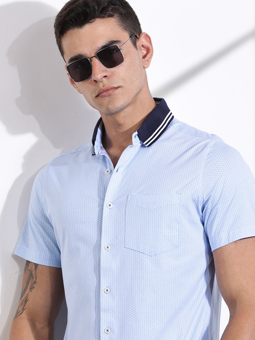 Thomas Scott Men SkyBlue Slim Fit Micro Ditsy Printed Knit Shirt