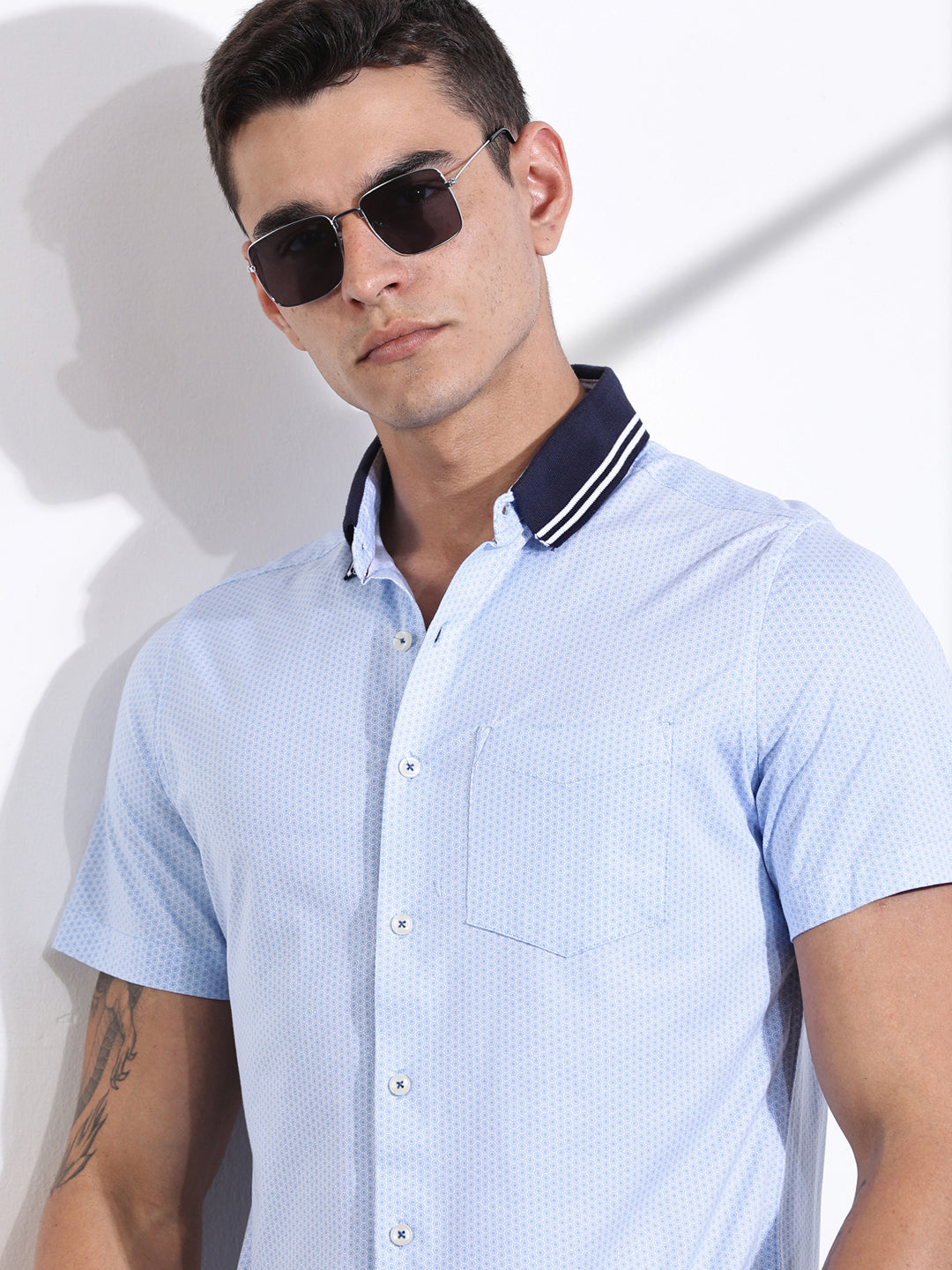 Thomas Scott Men SkyBlue Slim Fit Micro Ditsy Printed Knit Shirt