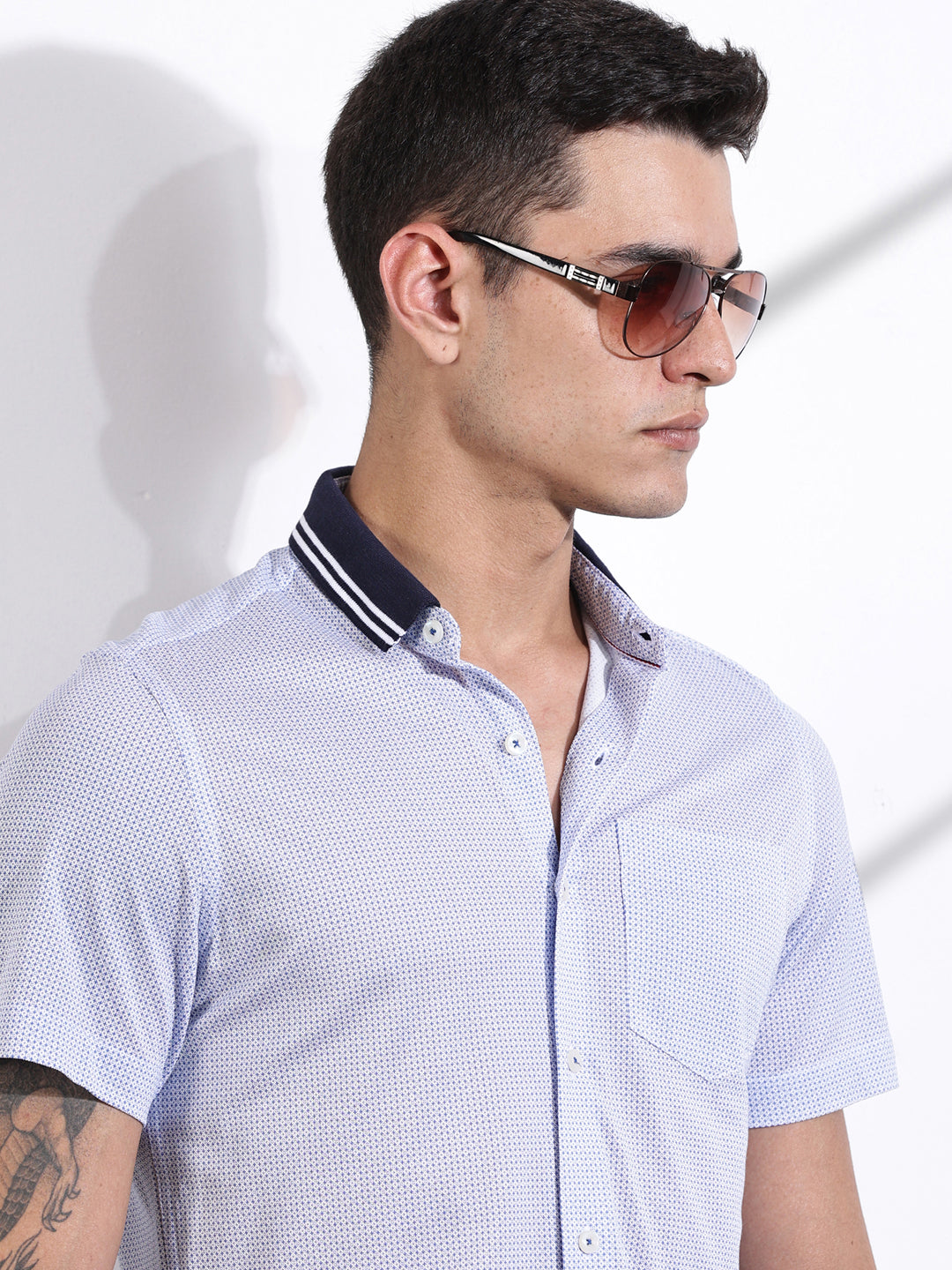 Thomas Scott Men Blue Slim Fit Micro Ditsy Printed Knit Shirt