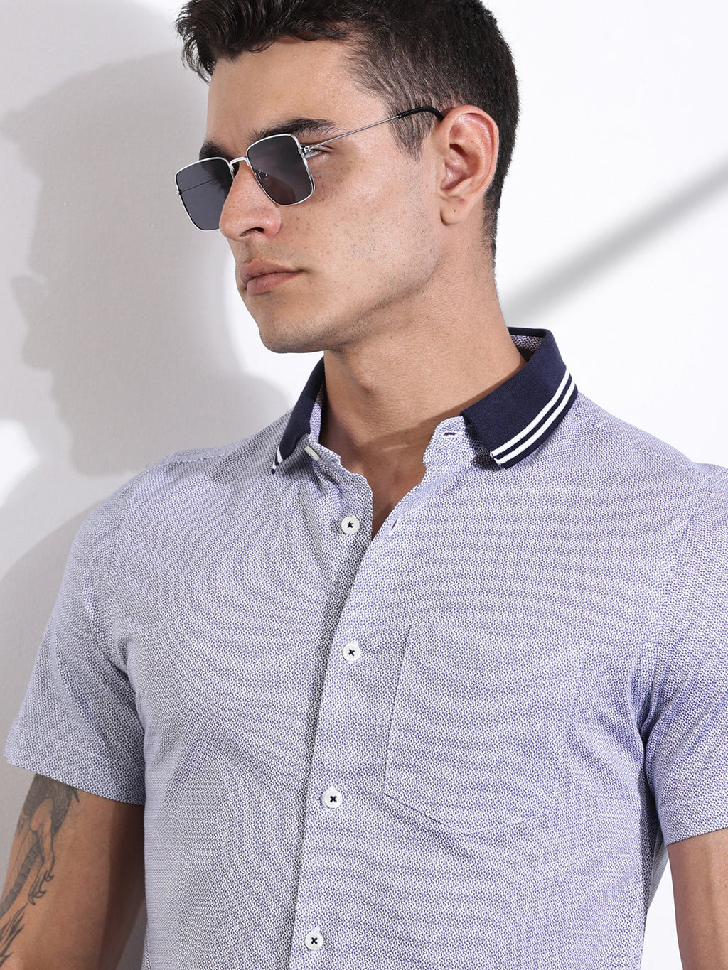 Thomas Scott Men LightNavy Slim Fit Micro Ditsy Printed Knit Shirt