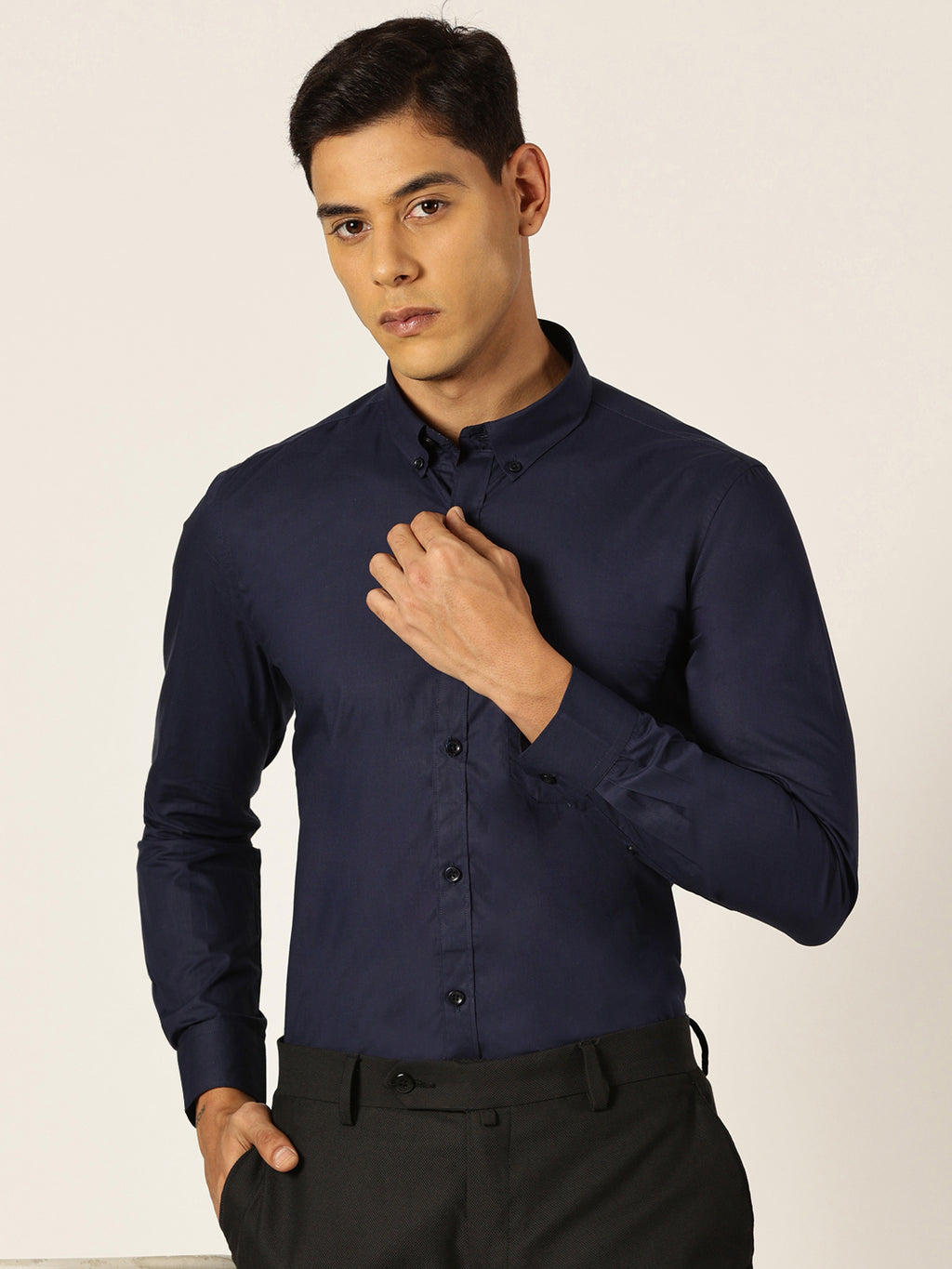 Thomas Scott Men NavyBlue Slim Fit Solid Cotton Formal Shirt