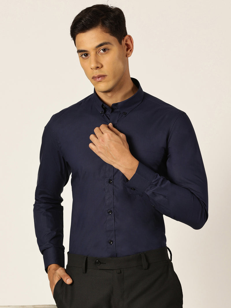 Thomas Scott Men NavyBlue Slim Fit Solid Cotton Formal Shirt
