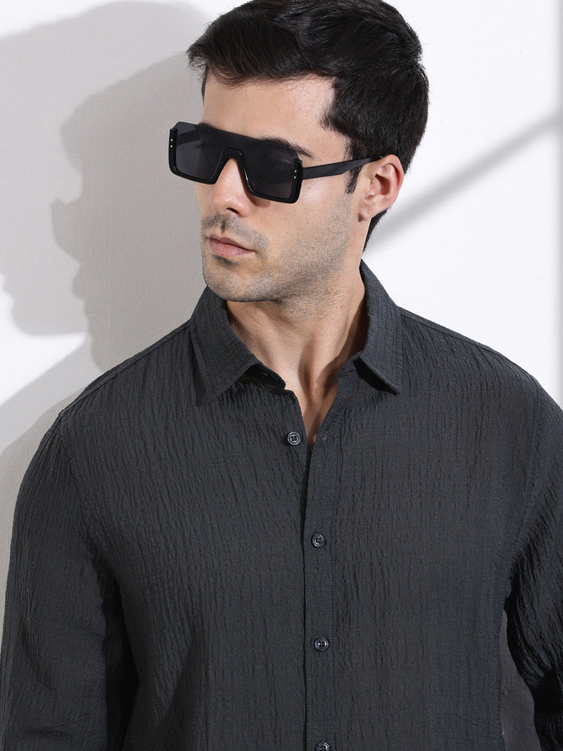 Thomas Scott Men BottleGreen Slim Fit Solid Seersucker Casual Shirt