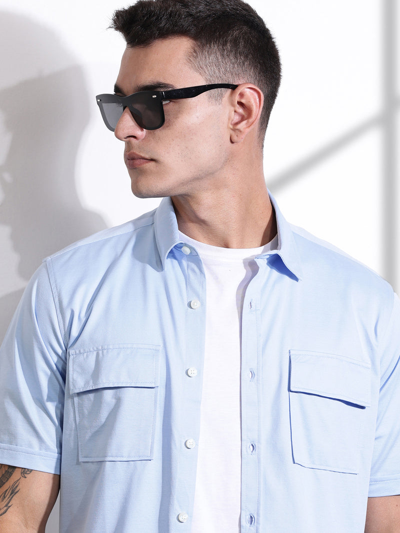 Thomas Scott Men Blue Slim Fit Short Sleeve Solid Cotton Knitted Shirt