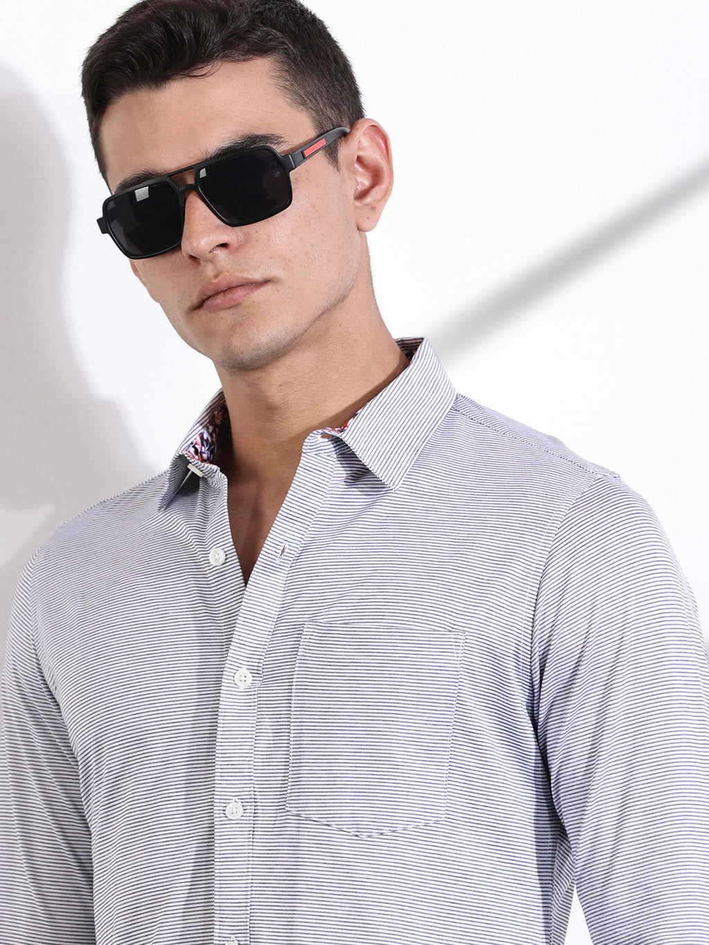 Thomas Scott Men Black Slim Fit Spread Collar Horizontal Striped Cotton Knitted Shirt