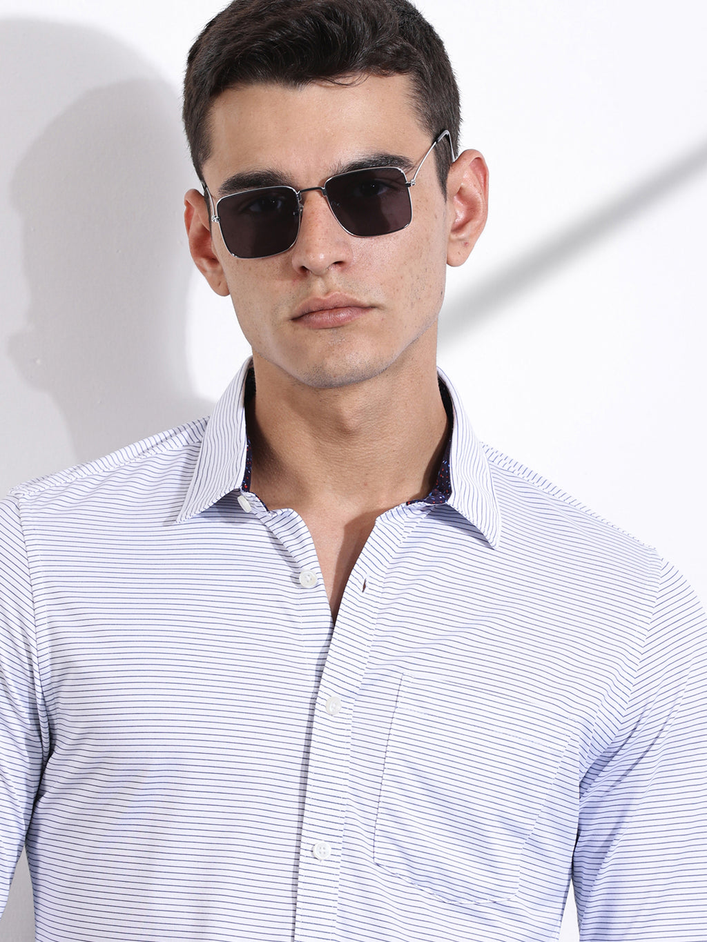 Thomas Scott Men SkyBlue Slim Fit Horizontal Stripes Cotton Knitted Shirt