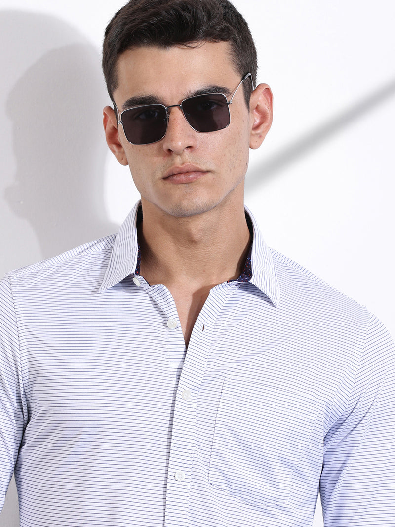 Thomas Scott Men SkyBlue Slim Fit Horizontal Stripes Cotton Knitted Shirt