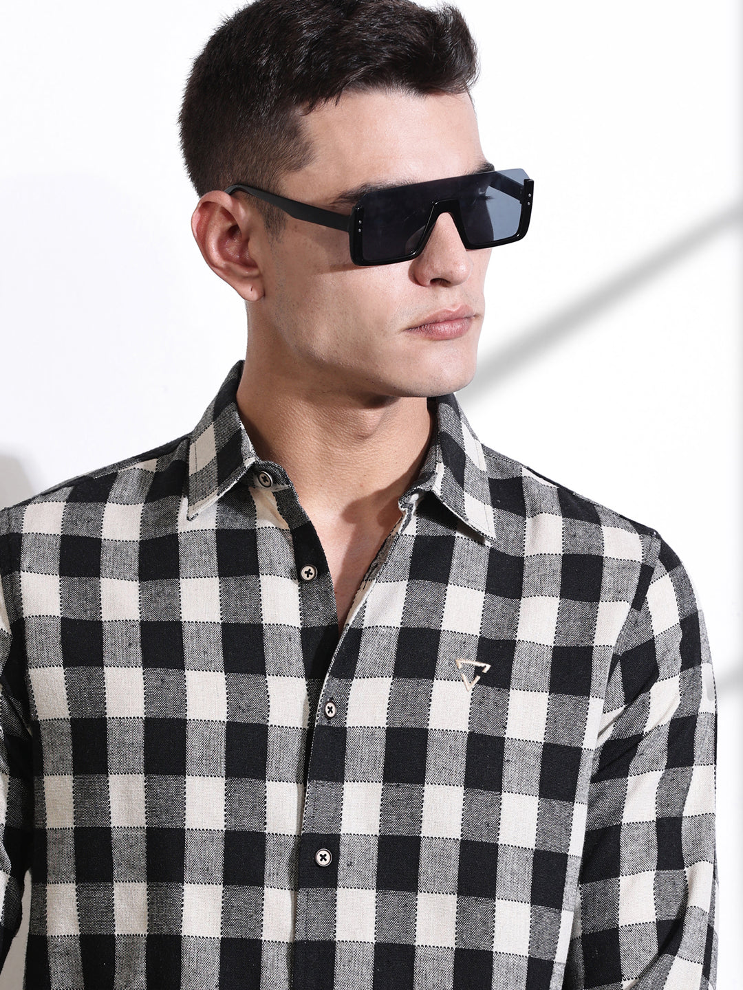 Thomas Scott Men Black Slim Fit Windowpane Checked Cotton Casual Shirt