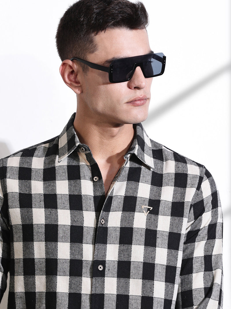 Thomas Scott Men Black Slim Fit Windowpane Checked Cotton Casual Shirt