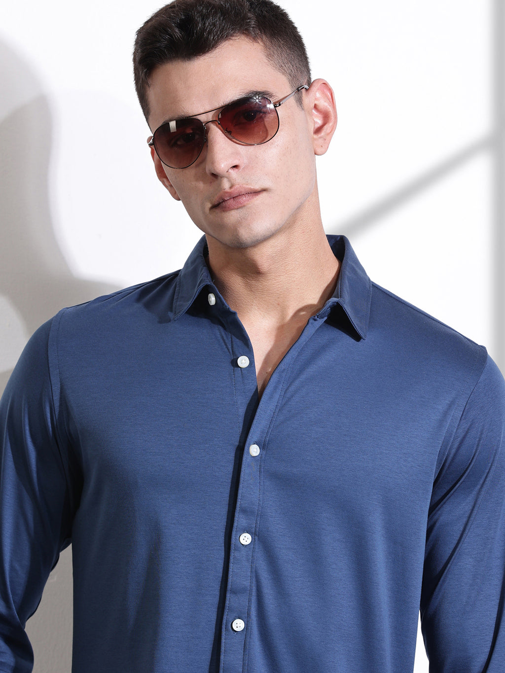 Thomas Scott Men Medium Blue Spread Collar Slim Fit Long Sleeves Solid Knitted Shirt