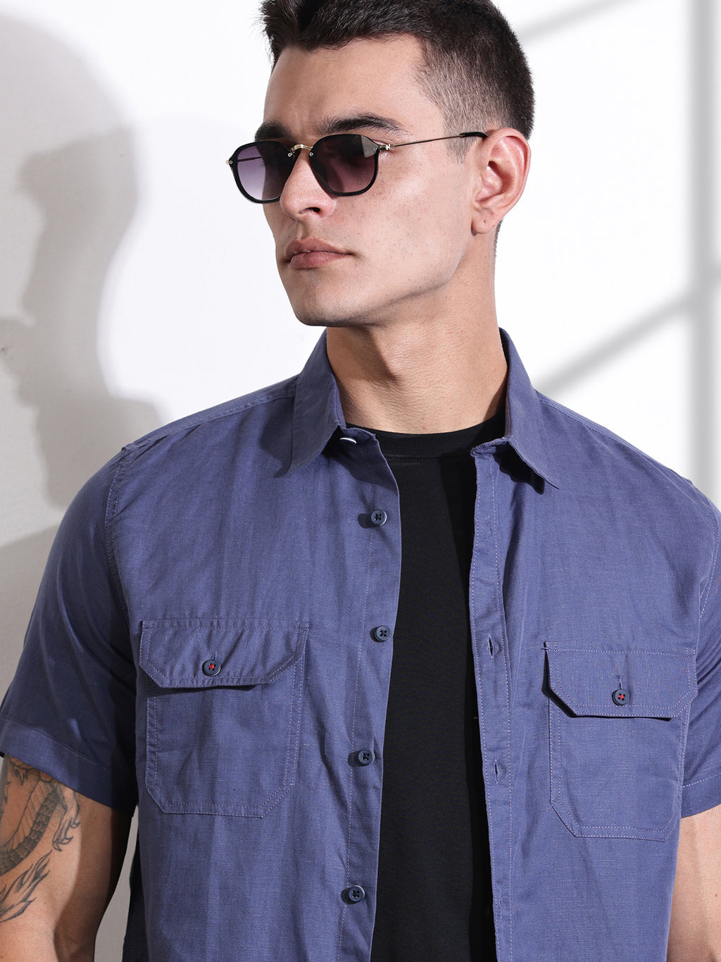 Thomas Scott Men Blue Slim Fit Solid Linen Casual Shirt