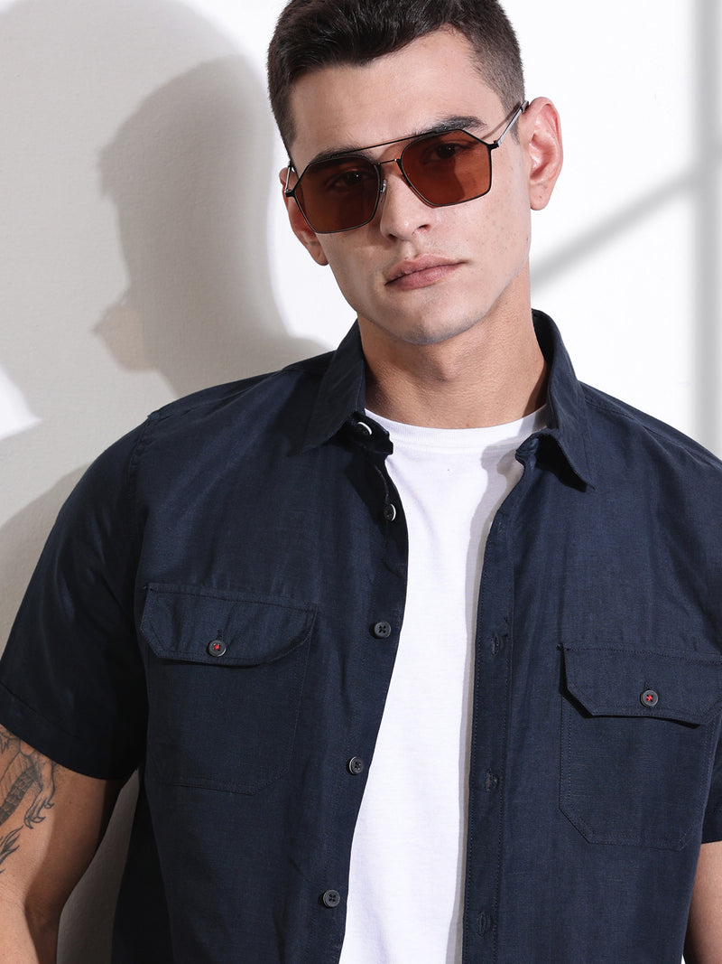 Thomas Scott Men Navy Slim Fit Solid Linen Casual Shirt