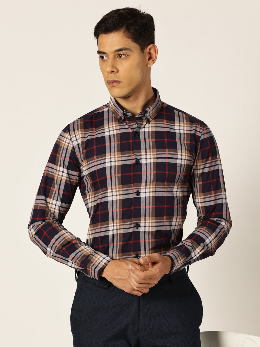 Thomas Scott Men Navyblue Slim Fit Windowpane Checked Cotton Formal Shirt