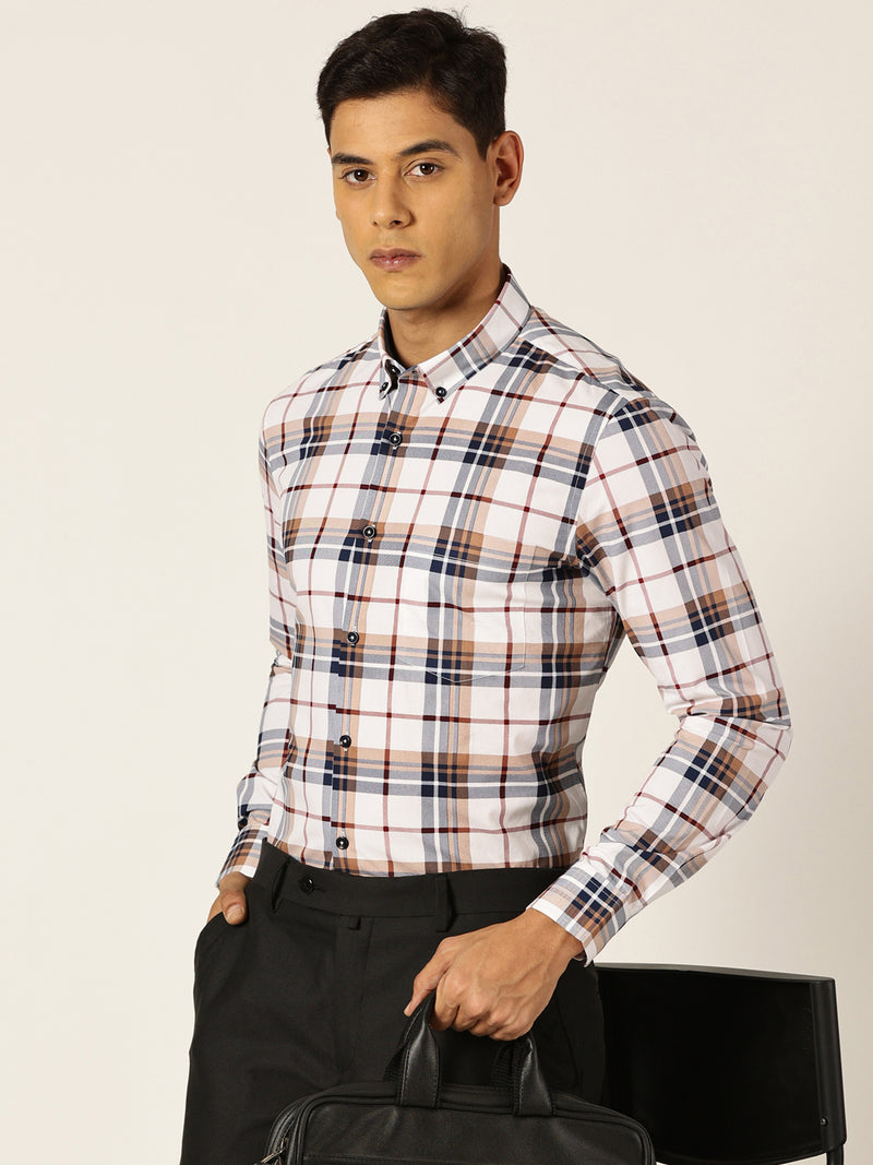 Thomas Scott Men White Slim Fit Windowpane Checked Cotton Formal Shirt