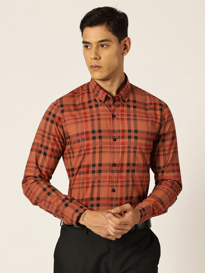 Thomas Scott Men Red Slim Fit Windowpane Checked Cotton Formal Shirt