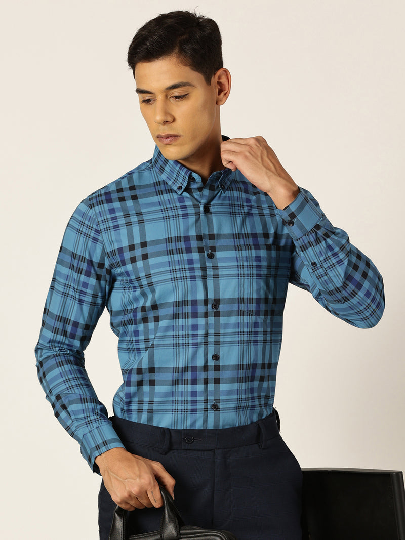 Thomas Scott Men NavyBlue Slim Fit Windowpane Checked Cotton Formal Shirt