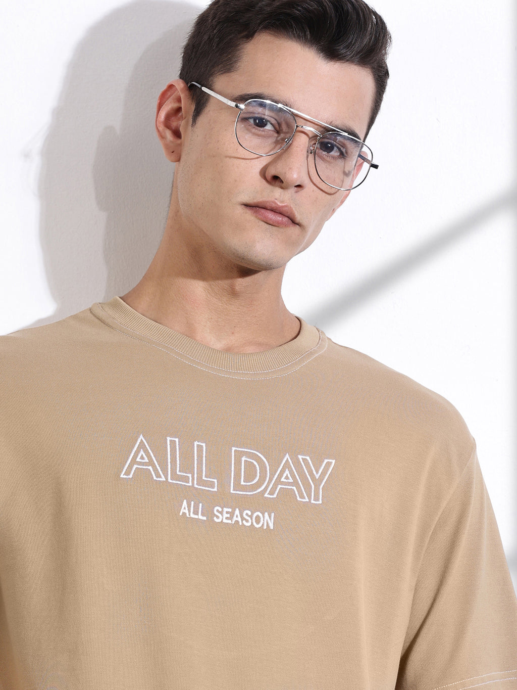 Thomas Scott Men Beige Oversized Typography Print Knit Tshirt