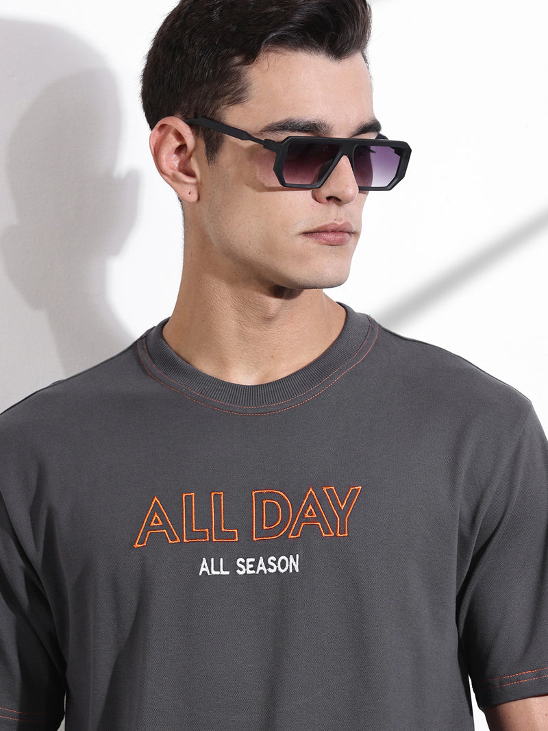 Thomas Scott Men Grey Oversized Typography Print Knit Tshirt