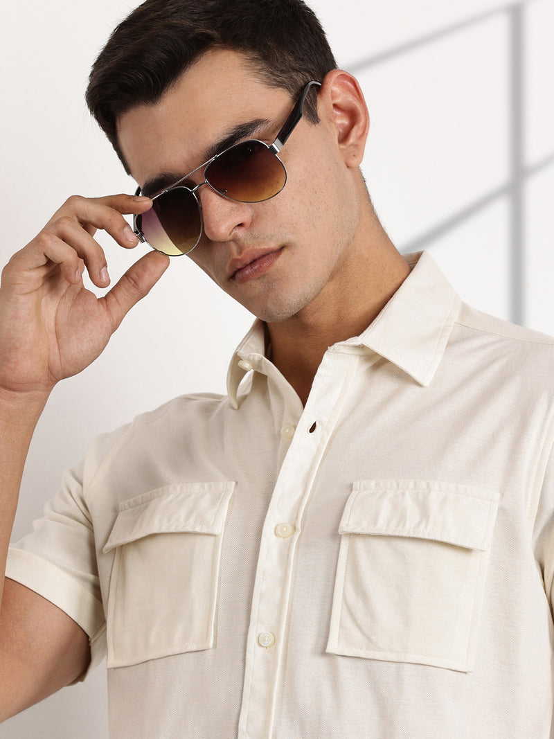 Thomas Scott Men Off White Slim Fit Short Sleeves Solid Knit Shirt