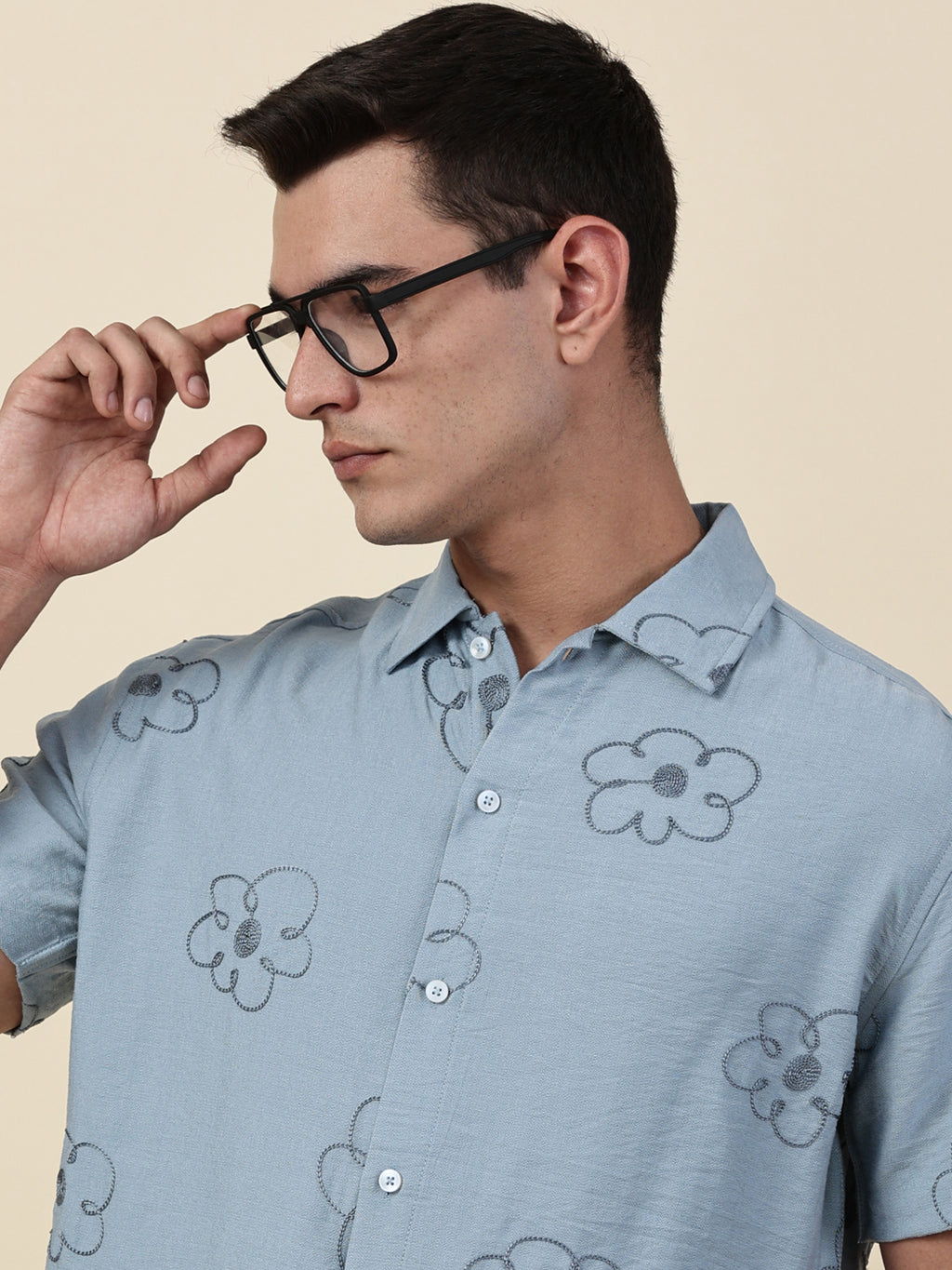 Thomas Scott Men Blue Regular Fit Short Sleeves Cuban Collar Embroidered Shirt
