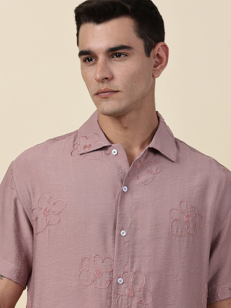 Thomas Scott Men Pink Regular Fit Short Sleeves Cuban Collar Embroidered Shirt