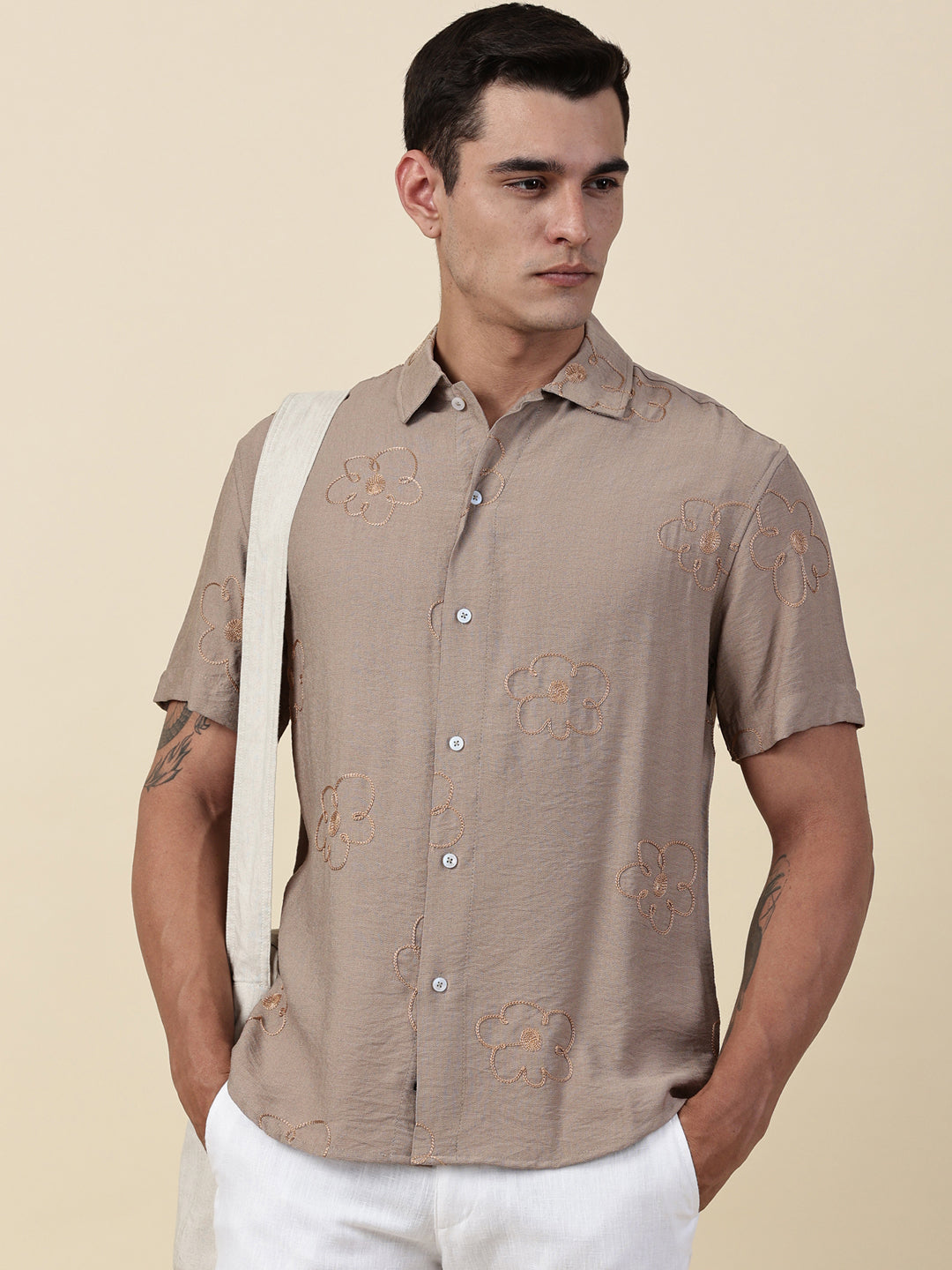 Thomas Scott Men Beige Regular Fit Short Sleeves Cuban Collar Embroidered Shirt