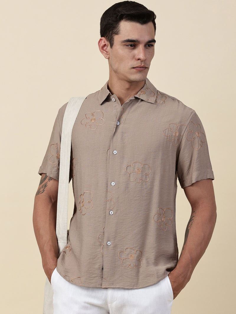 Thomas Scott Men Beige Regular Fit Short Sleeves Cuban Collar Embroidered Shirt