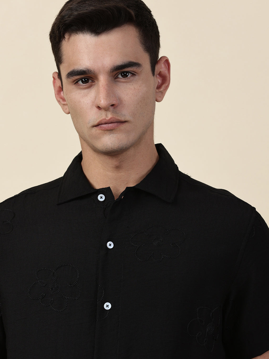 Thomas Scott Men Black Regular Fit Short Sleeves Cuban Collar Embroidered Shirt