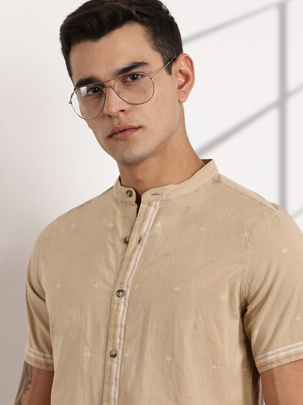 Thomas Scott Men Beige Slim Fit Short Sleeve Mandarin Collar Cotton Casual Shirt