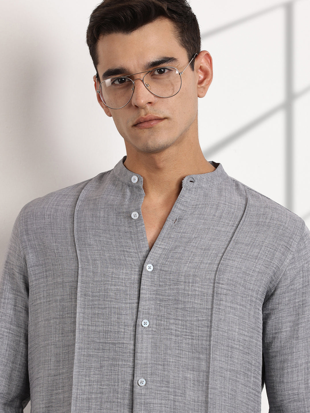 Thomas Scott Men Grey Slim Fit Mandarin Collar Long Sleeves Casual Shirt
