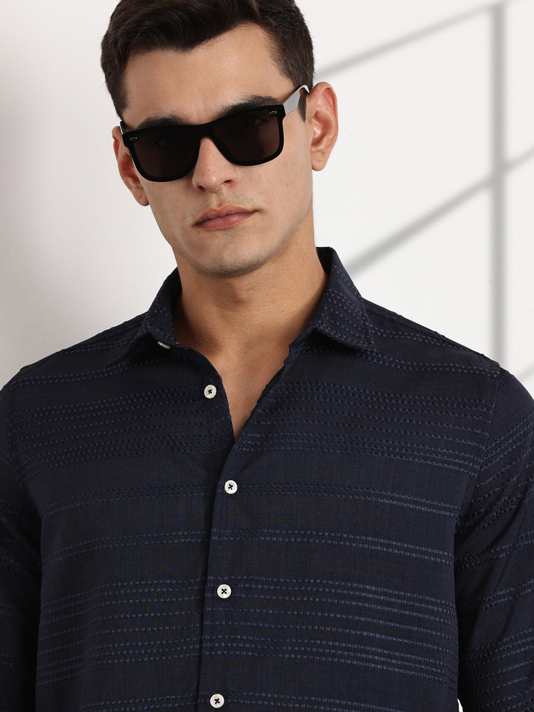 Thomas Scott Men Navy Slim Fit Cutaway Collar Long Sleeves Self Design Casual Shirt