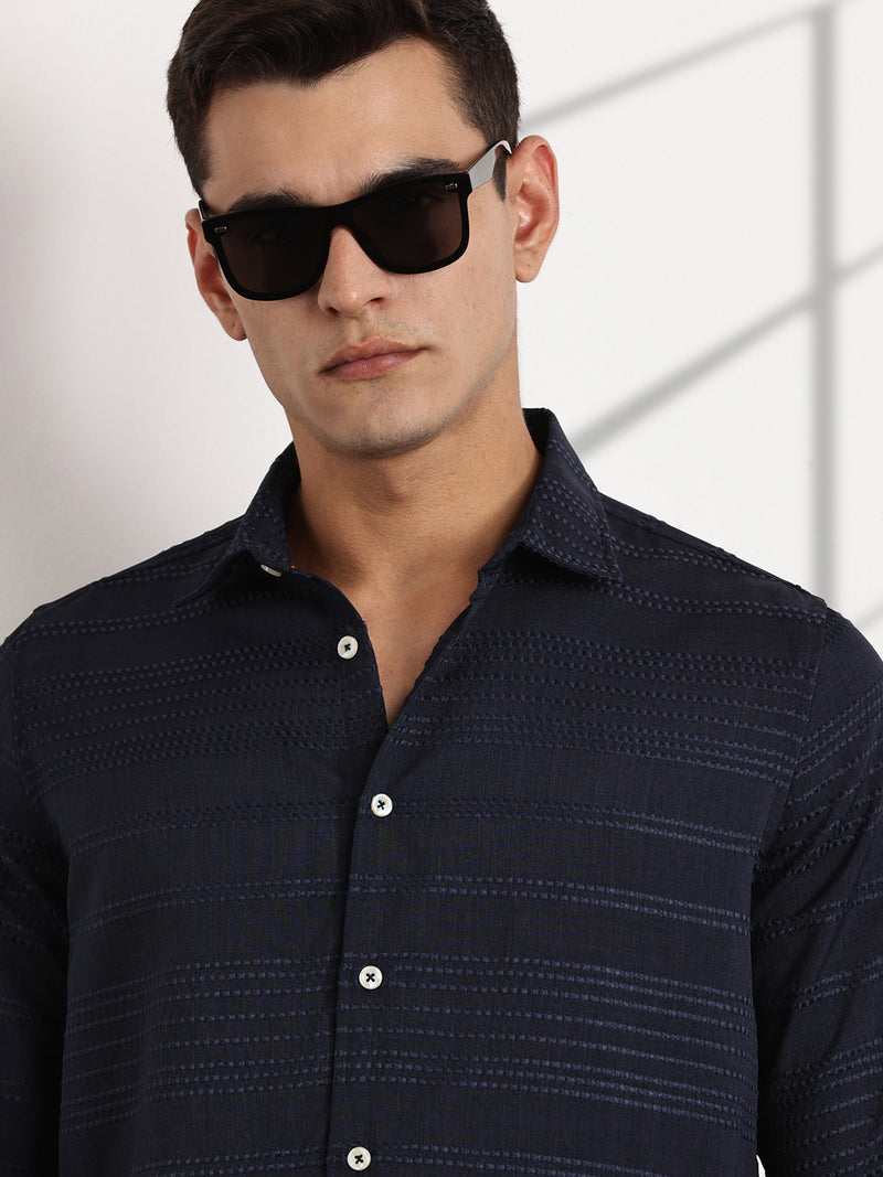 Thomas Scott Men Navy Slim Fit Cutaway Collar Long Sleeves Self Design Casual Shirt
