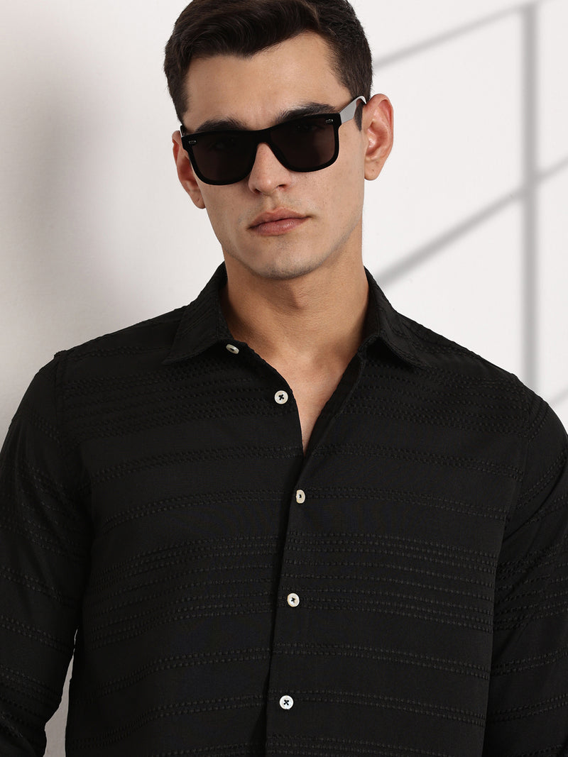 Thomas Scott Men Black Slim Fit Cutaway Collar Long Sleeves Self Design Casual Shirt