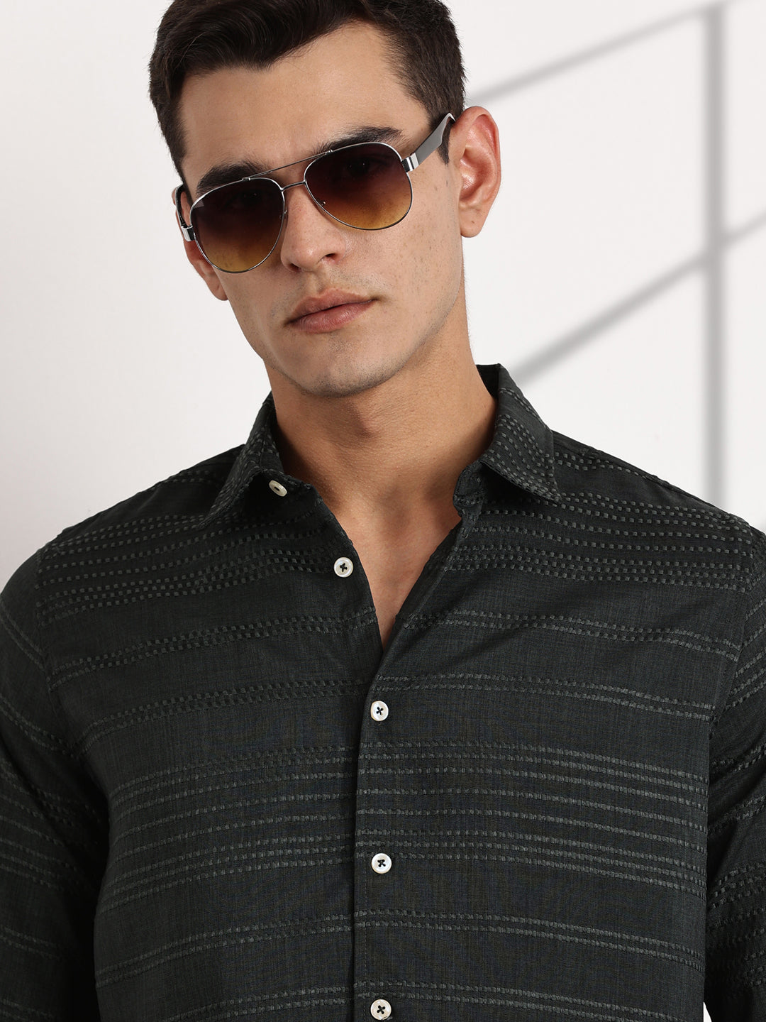 Thomas Scott Men Olive Slim Fit Cutaway Collar Long Sleeves Self Design Casual Shirt
