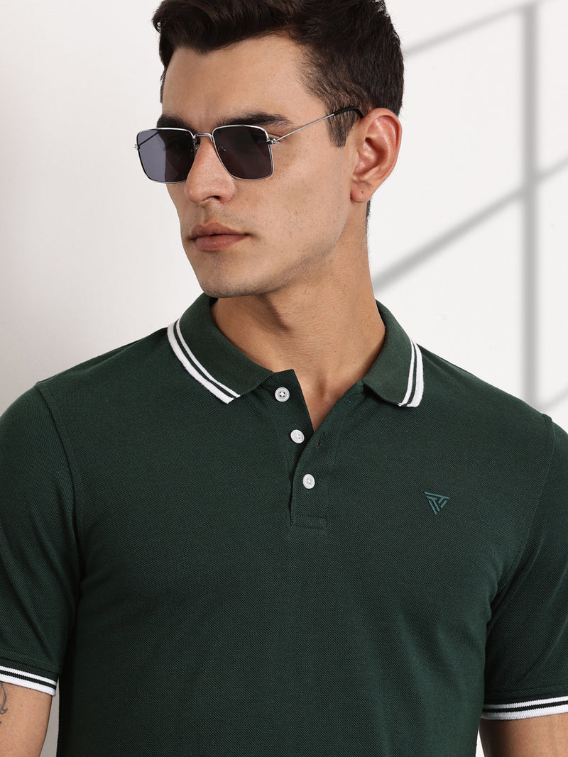 Thomas Scott Men BottleGreen Regular Fit Short Sleeves Polo Collar Knit Tshirt