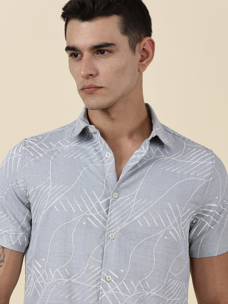 Thomas Scott Men Grey Slim Fit Short Sleeves Abstract Print Casual Shirt
