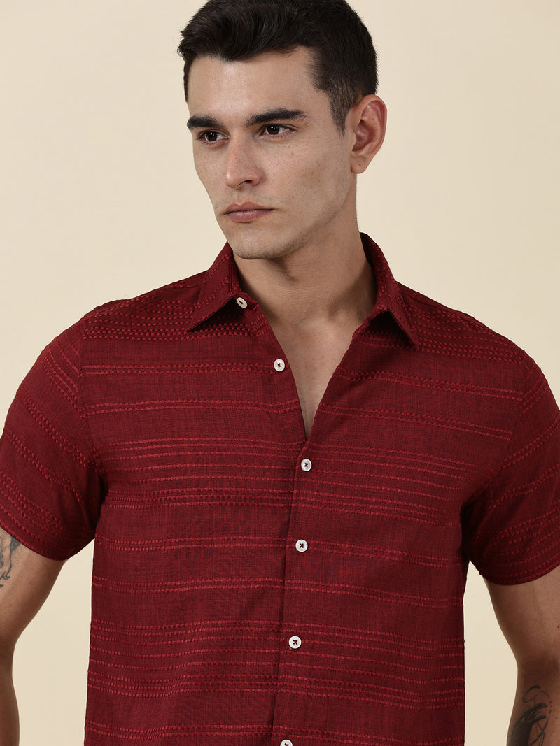 Thomas Scott Men Red Slim Fit Short Sleeves Horizontal Stripes Casual Shirt
