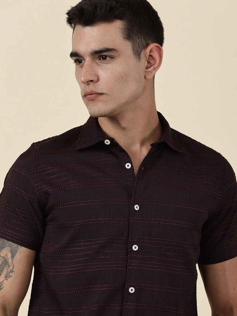 Thomas Scott Men Wine Slim Fit Short Sleeves Horizontal Stripes Casual Shirt