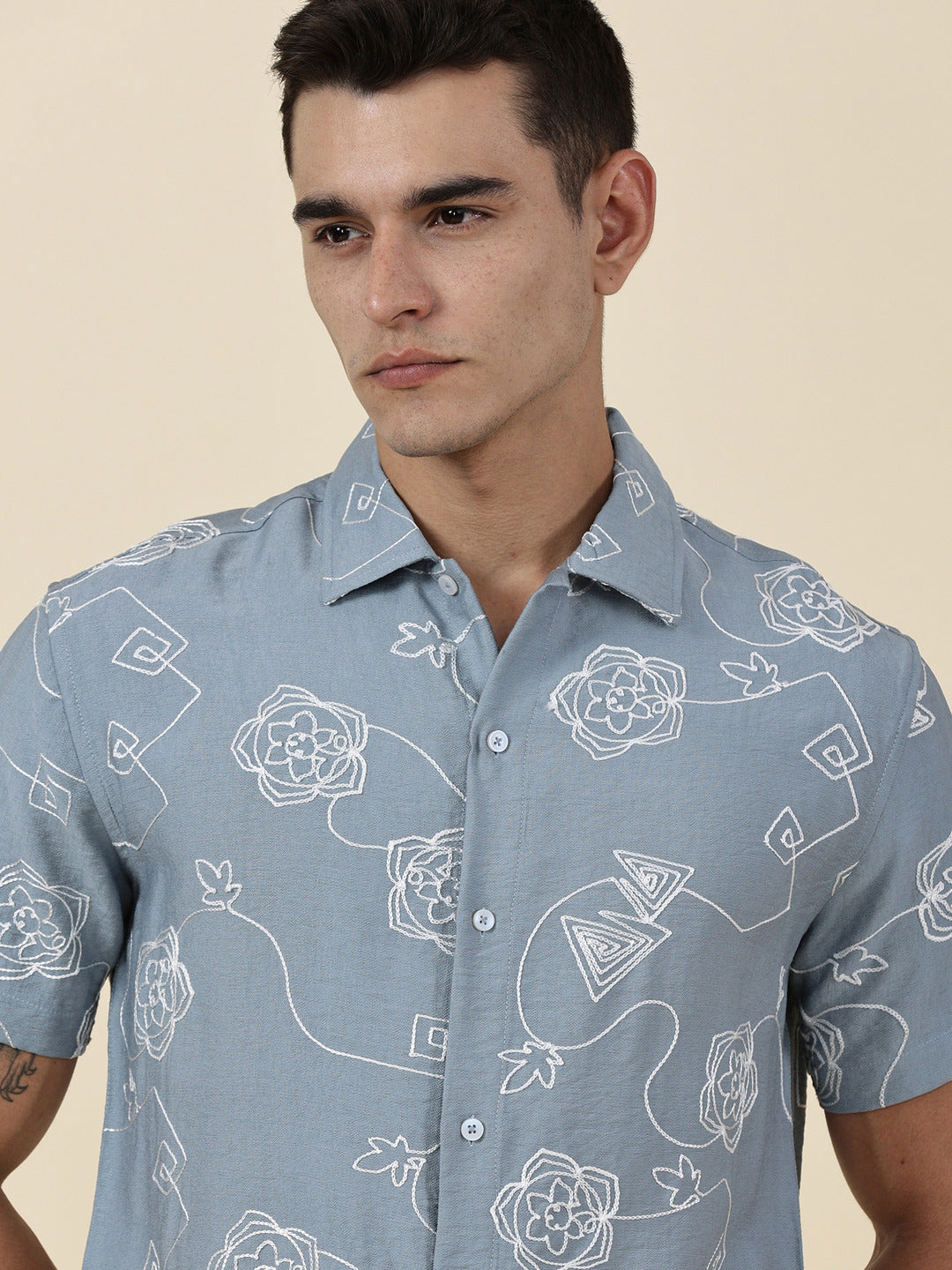 Thomas Scott Men Blue Regular Fit Short Sleeves Spread Collar Embroidered Shirt