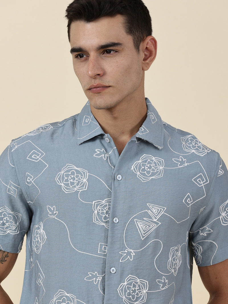 Thomas Scott Men Blue Regular Fit Short Sleeves Spread Collar Embroidered Shirt