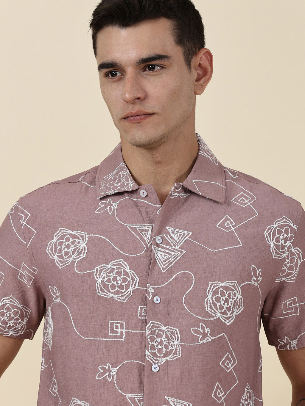 Thomas Scott Men Pink Regular Fit Short Sleeves Spread Collar Embroidered Shirt